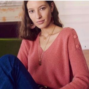 Sezane Nelson Sweater Peony Coral Button Detail Mohair Alpaca V-Neck SZ XS